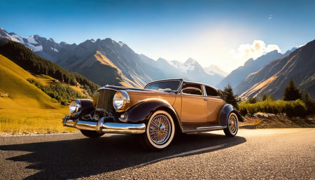 Classic american car on the road with mountains in the background.の素材