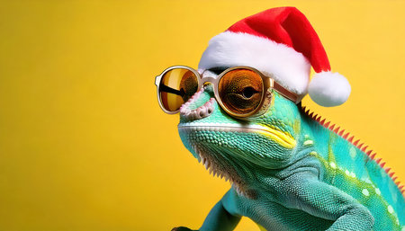 chameleon wearing christmas hat and sunglasses on yellow background.の素材
