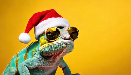 chameleon wearing a santa hat and sunglasses on a yellow backgroundの素材