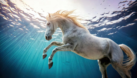 White horse in the blue ocean. Underwater scene. 3d renderingの素材
