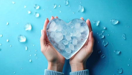 Female hands holding frozen heart on blue background with water drops, top viewの素材