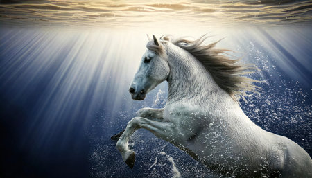 White horse with long mane running in the ocean. 3d renderingの素材