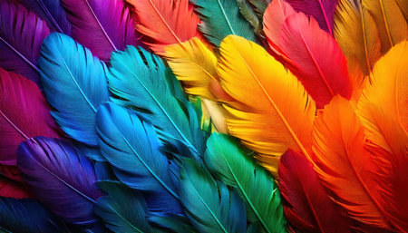 Colorful feathers as background, top view. Close-up.の素材