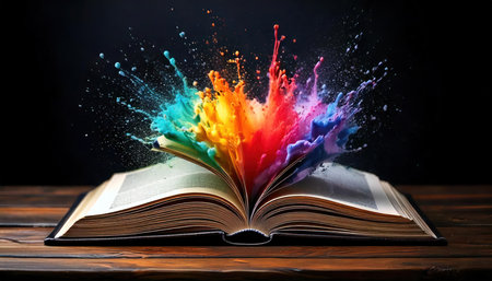 Colorful paint splashing out of an open book, education conceptの素材