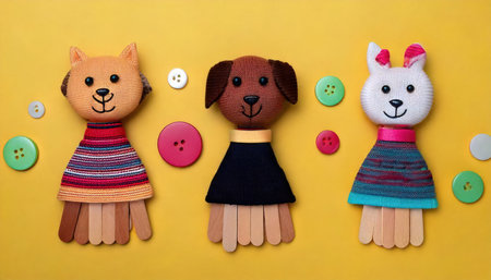 Wooden handcraft of dog and cat with buttons on yellow backgroundの素材
