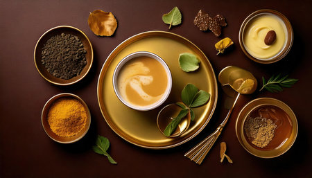 Ayurvedic herbal tea on brown background. top viewの素材