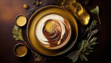 Chocolate mousse dessert with cream and chocolate candies on dark backgroundの素材