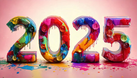 Happy New Year 2015 with colorful balloons and confetti on pink backgroundの素材