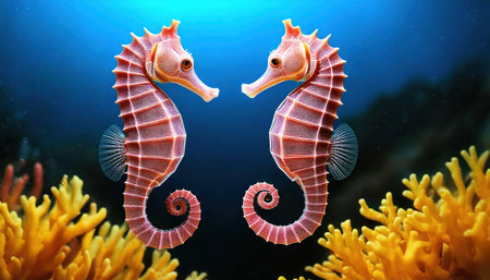 Two seahorses on a coral reef in the deep blue seaの素材