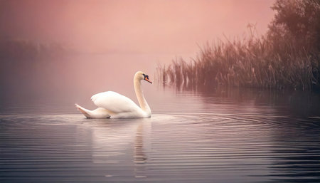 Beautiful white swan swimming on the lake in foggy morningの素材