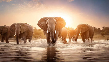 Elephants splashing in the river at sunset, Chobe National Park, Botswana, Africaの素材