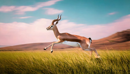 Springbok antelope jumping in the grasslands of Africa.の素材