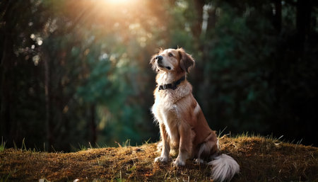 Golden Retriever sitting on the grass in the forest at sunsetの素材