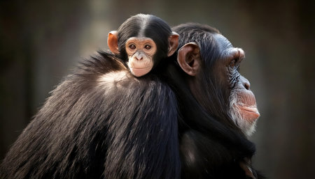 Chimpanzee baby with mother on dark background, closeupの素材