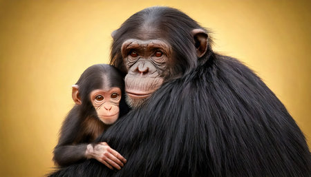 Chimpanzee family portrait over yellow background with copy space.の素材