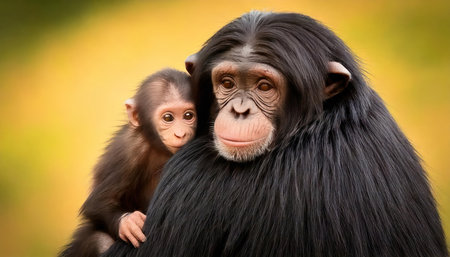 Chimpanzee mother with her baby in front of green backgroundの素材
