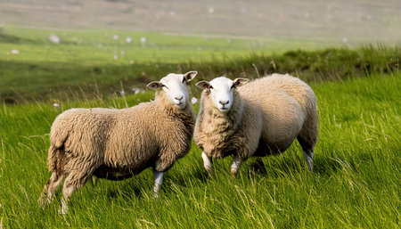 Sheep in a green meadow, Scotland, United Kingdom.の素材