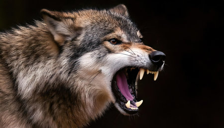 Portrait of a wolf with open mouth on a dark background.の素材