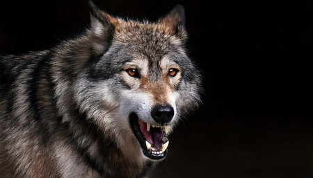 Portrait of a wolf on a black background, close-upの素材