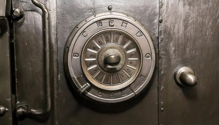 Old safe on the wall of a bank vault with a combination lockの素材