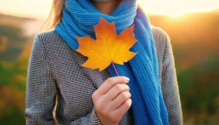 Young woman with autumn maple leaf in her hands, close-upの素材