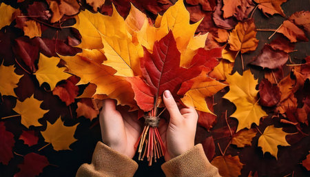 Female hands hold a bouquet of autumn leaves on a wooden backgroundの素材