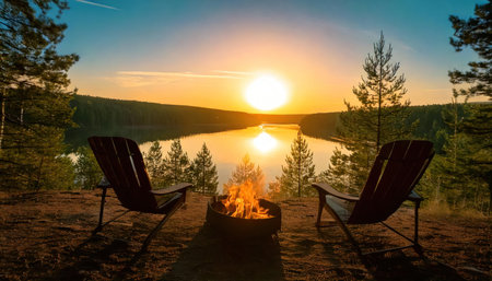 Sunset over a campfire in the forest on the lake.の素材