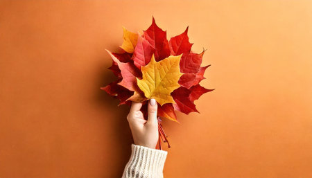 Female hand holding a bouquet of autumn leaves on a brown backgroundの素材