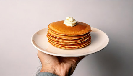 A stack of pancakes in a man's hand on a gray backgroundの素材