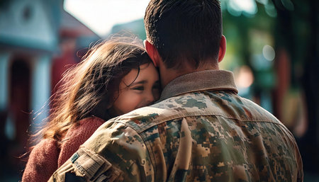 Young man and woman in military uniform embracing each other in the cityの素材