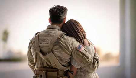 Back view of young couple in military uniform embracing each other and looking awayの素材
