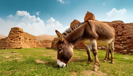 Donkey in the ruins of an ancient fortress. 3d renderingの素材