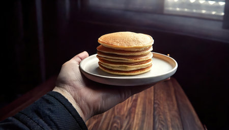 Pancakes on a saucer in the hands of a manの素材