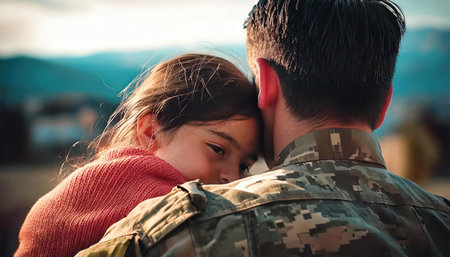 Father and daughter are hugging each other in the mountains at sunset.の素材