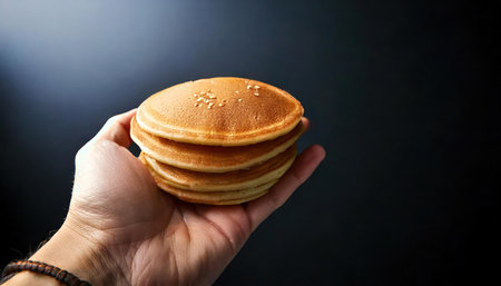 Stack of pancakes in hand on dark background. close up Selective focus.の素材