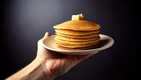 Stack of pancakes with butter on a plate in hand on dark backgroundの素材