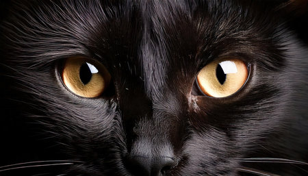 Close-up of a black cat with yellow eyes on a black backgroundの素材