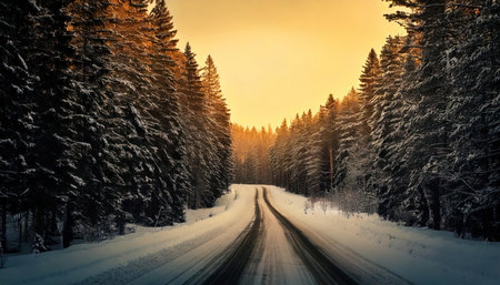 Winter road in the forest at sunset. Carpathians, Ukraineの素材