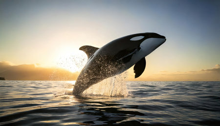 Killer whale jumping out of the water on a beautiful sunset.の素材