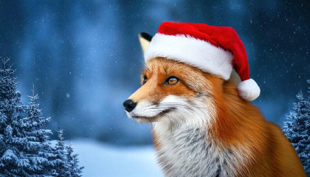 Red fox in a Santa Claus hat on a background of winter forestの素材