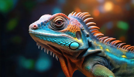 Portrait of a colorful chameleon on a dark background.の素材