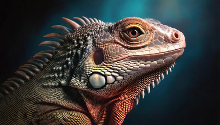 Iguana close-up on a dark background. Studio photography.の素材