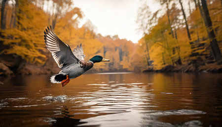 Mallard duck flying over lake in autumn forest. Beautiful landscapeの素材