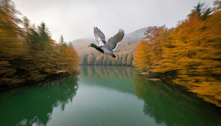 Duck flying over the lake with yellow autumn trees in the backgroundの素材