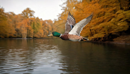 Mallard duck in flight over the lake in autumnal forestの素材