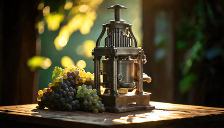 Grapes and a vintage lantern on a wooden table in a vineyardの素材