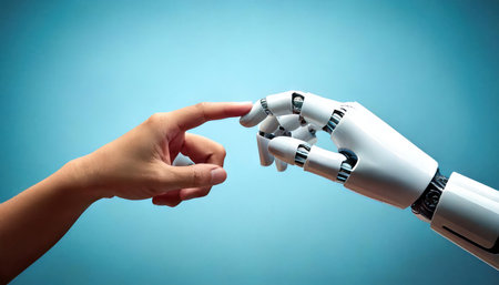 Close up of human hand touching robot arm on blue background with copy spaceの素材