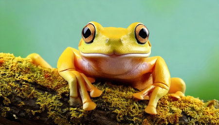 Frog on a mossy tree branch with a green background.の素材
