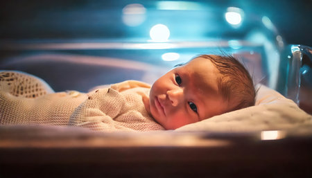 Cute newborn baby boy lying in a crib and looking at cameraの素材