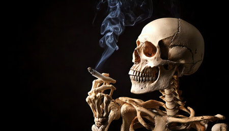 Human skull with smoking cigarette on black background. Concept of smoking.の素材